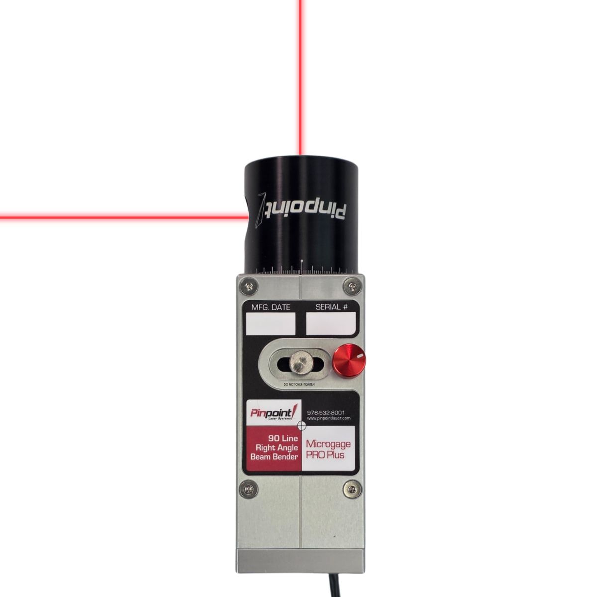 Laser alignment device projecting a red horizontal laser line for precision setup (Pinpoint Microgage PRO Plus).