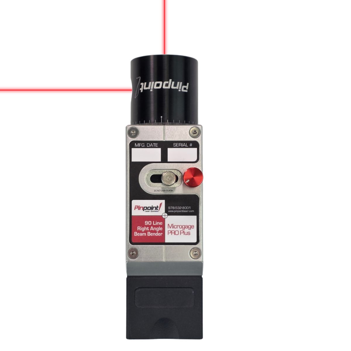 Laser alignment tool emitting a red laser line, used for precise right-angle beam bending on industrial equipment