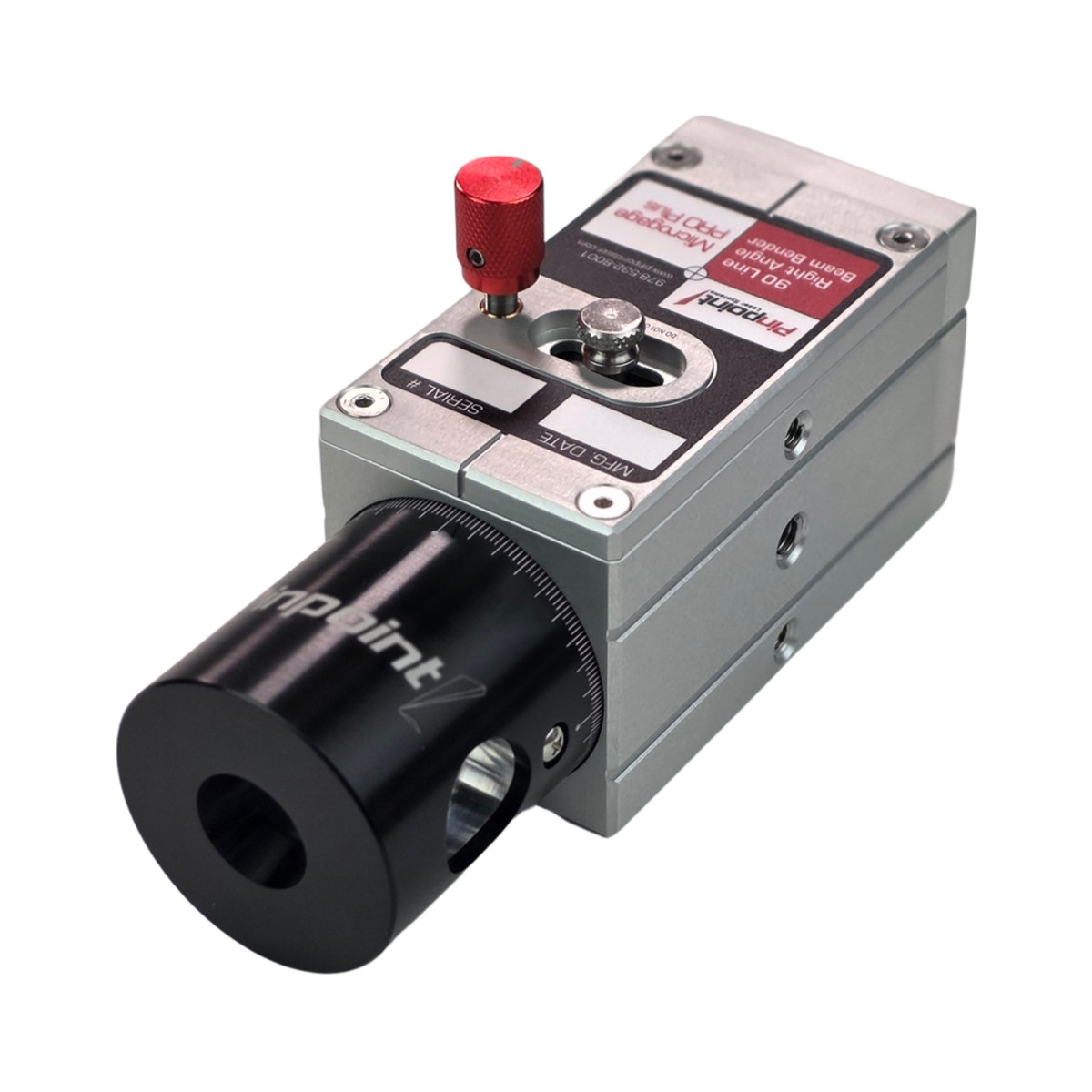Compact precision actuator with a red knurled adjustment knob and a large black grip, used for fine position control in equipment