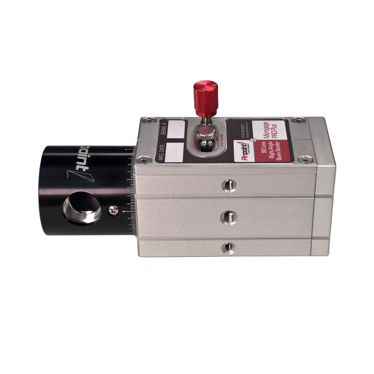 Pneumatic linear actuator with a red adjustment knob and measurement scale, used for precise positioning in machinery