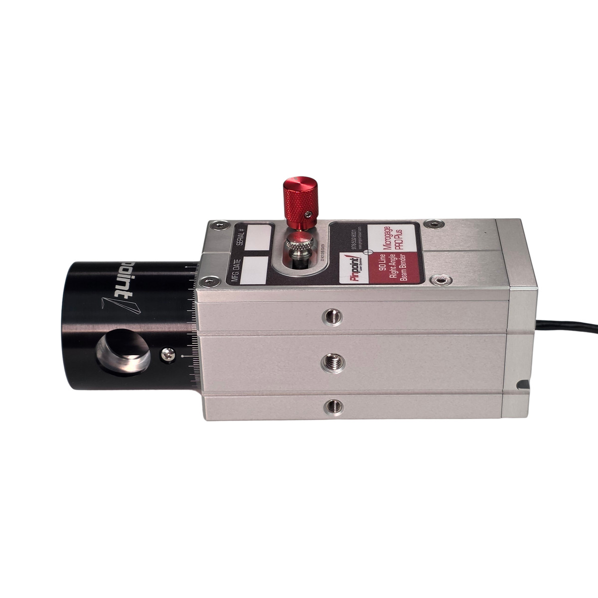 Compact aluminum pneumatic cylinder with a red knob adjustment on top, used in industrial automation