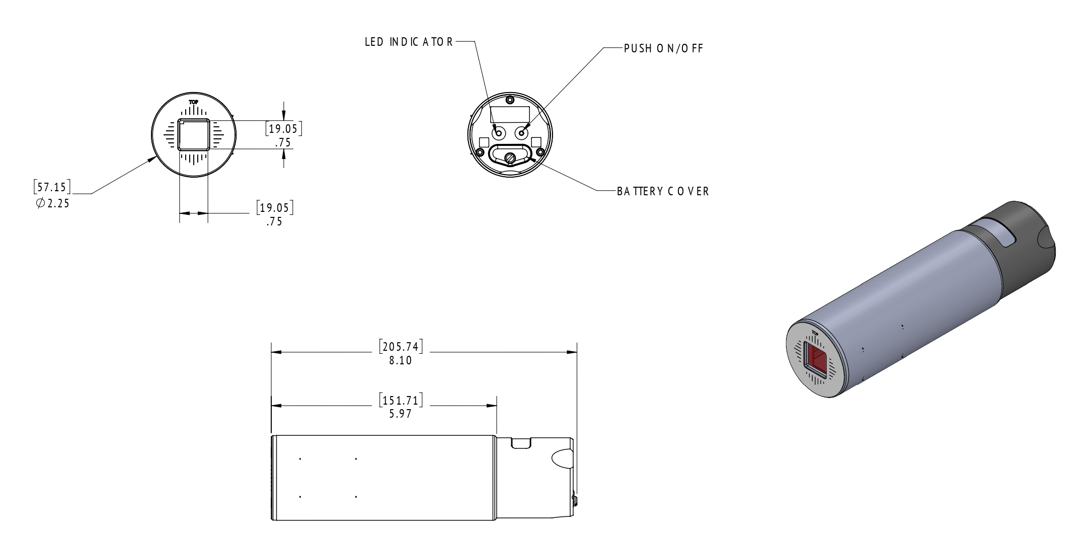 CYLINDRICAL RECEIVER, 4D, WIRELESS, DRAWING Cylindrical battery shown with engineering drawings: top and side views with dimension arrows and notes, plus a 3D render of the battery at bottom-right.