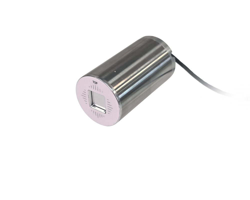 Cylindrical 2-Axis Iso Cylindrical metal sensor probe with a square window at the end and a wired cable protruding from the side.