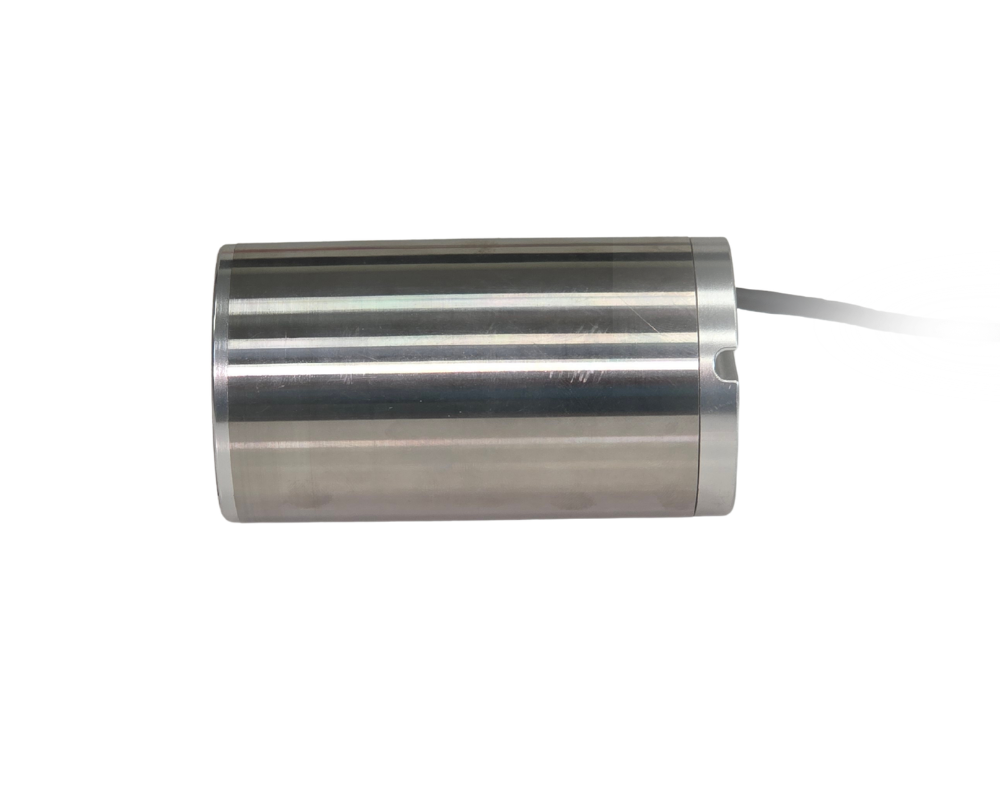 Cylindrical 2-Axis Side Cylindrical stainless steel sensor with a cable exiting from the right side; industrial probing device.
