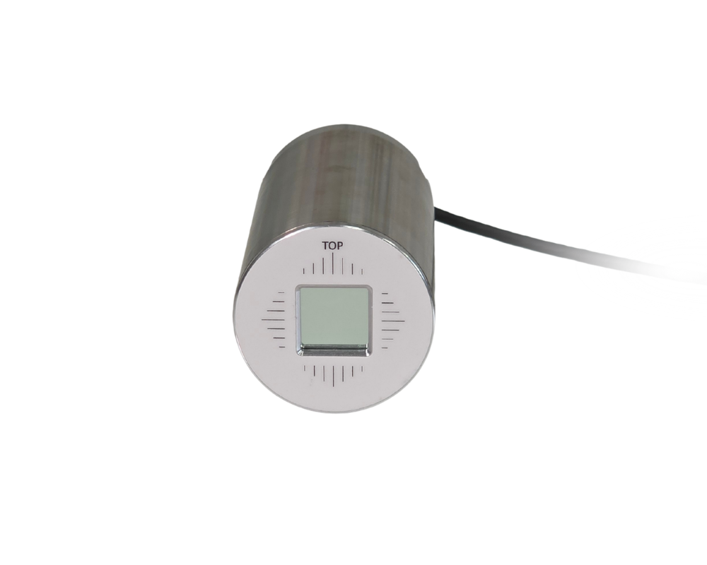 Cylindrical 2-Axis Straight Cylindrical metal digital force gauge with a small square LCD screen on the end and a black cable protruding from the side, labeled TOP.