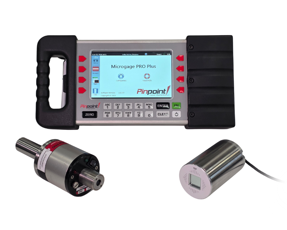Cylindrical 2-Axis With Pro Plus Handheld laser measurement controller labeled Microgage PRO Plus with two attached sensors (motorized encoder and cylindrical sensor) laid out on white background