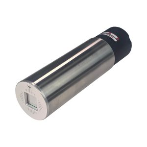 Stainless steel insulated tumbler with a black cap, viewed at an angle showing a circular end with a square display and the word TOP.