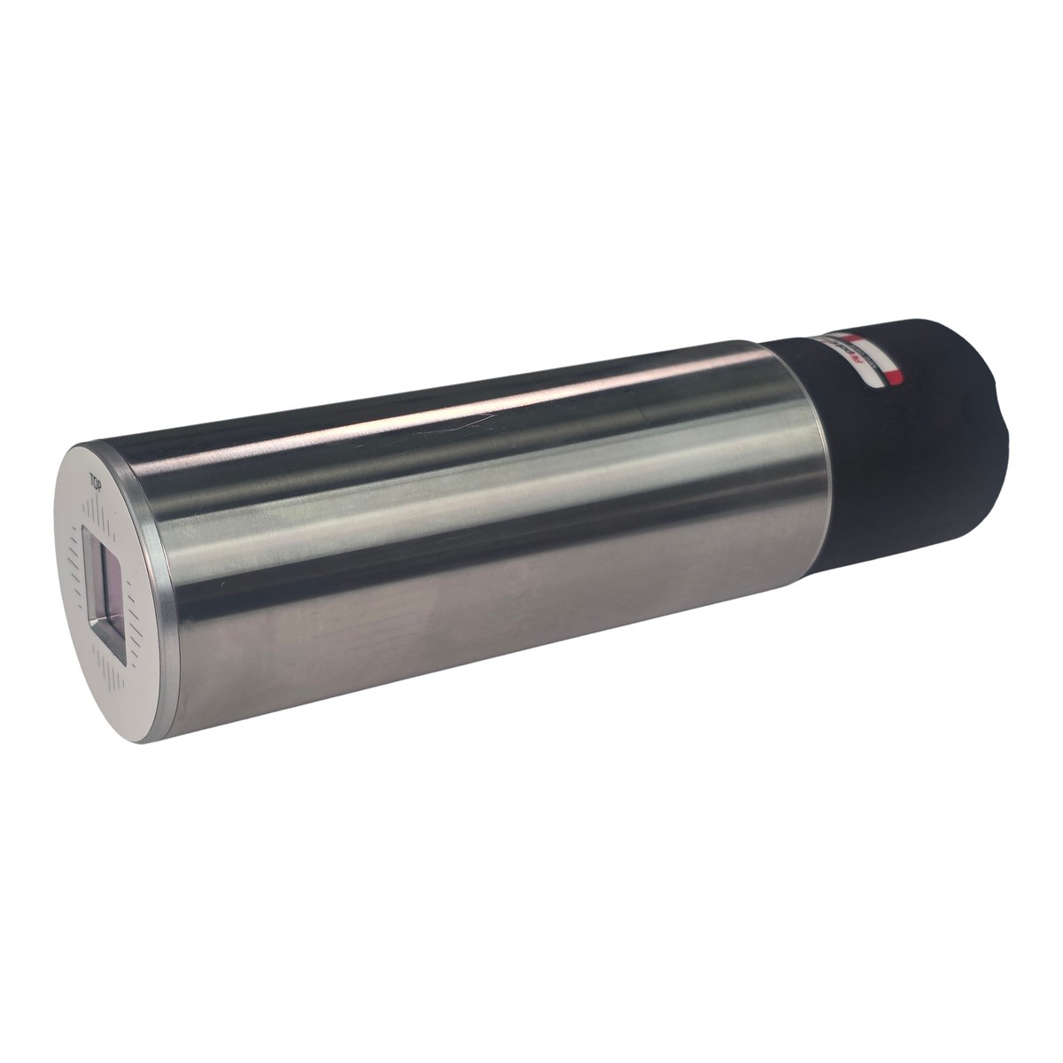 Cylindrical_4DW_Side Stainless steel cylindrical device with a USB port on the left end and a black grip on the right end; appears to be a portable data tool.