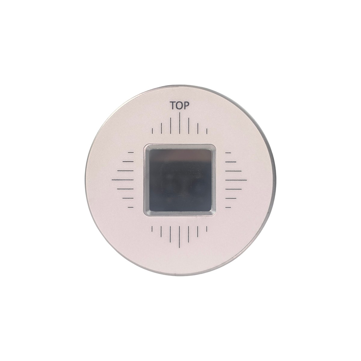 Cylindrical_Straight_On_Clean Circular metallic device with a square recessed display at the center and 'TOP' with tick marks around the edge