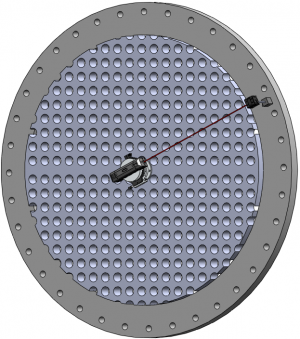 Circular hatch-like structure with a perforated inner panel; a small sensor module is connected by a red cable inside the chamber.