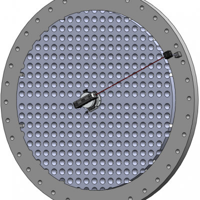 Circular hatch-like structure with a perforated inner panel; a small sensor module is connected by a red cable inside the chamber.