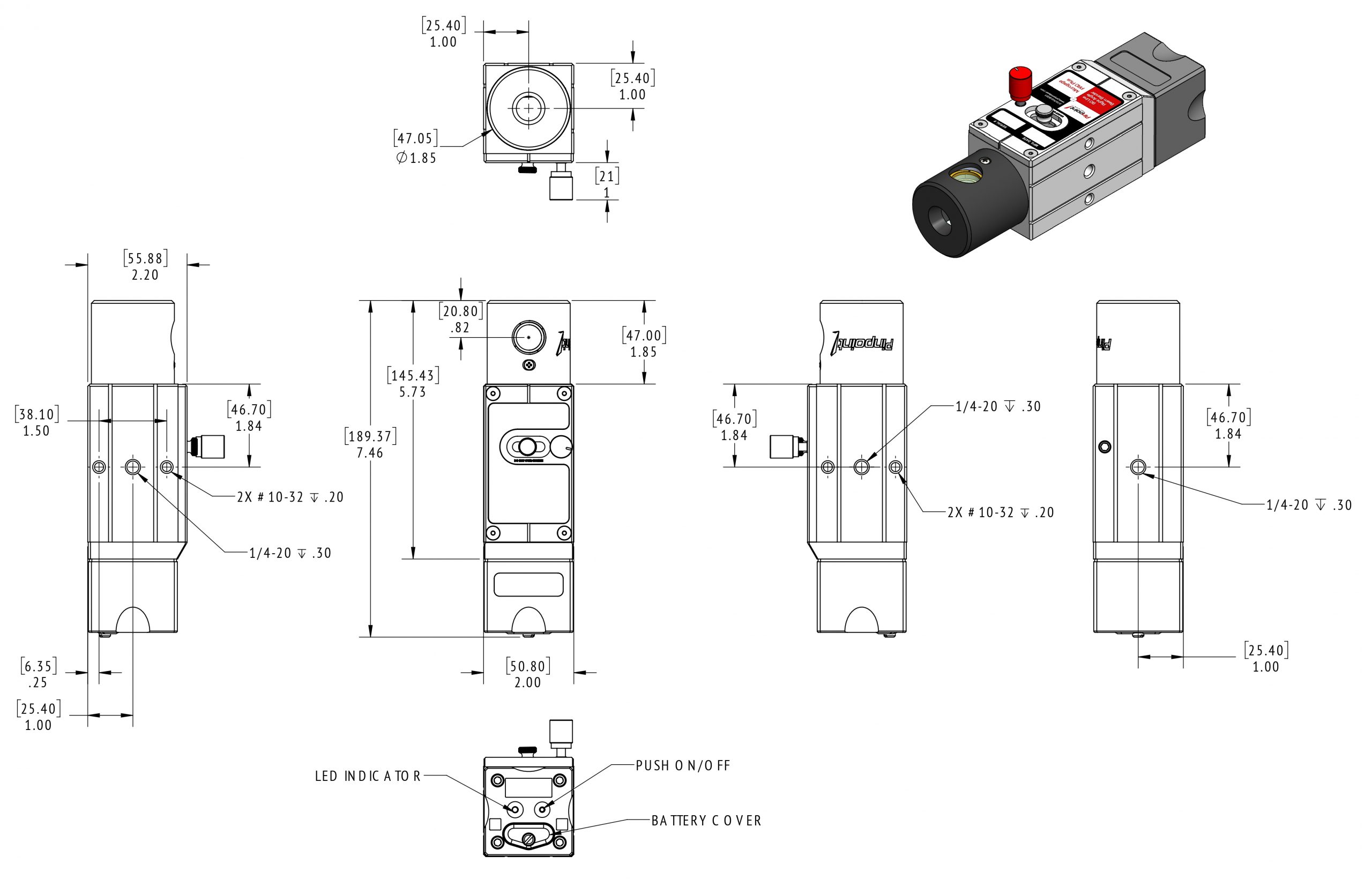Engineering drawing of a pneumatic actuator with mounting holes and dimensions, plus a 3D isometric view.