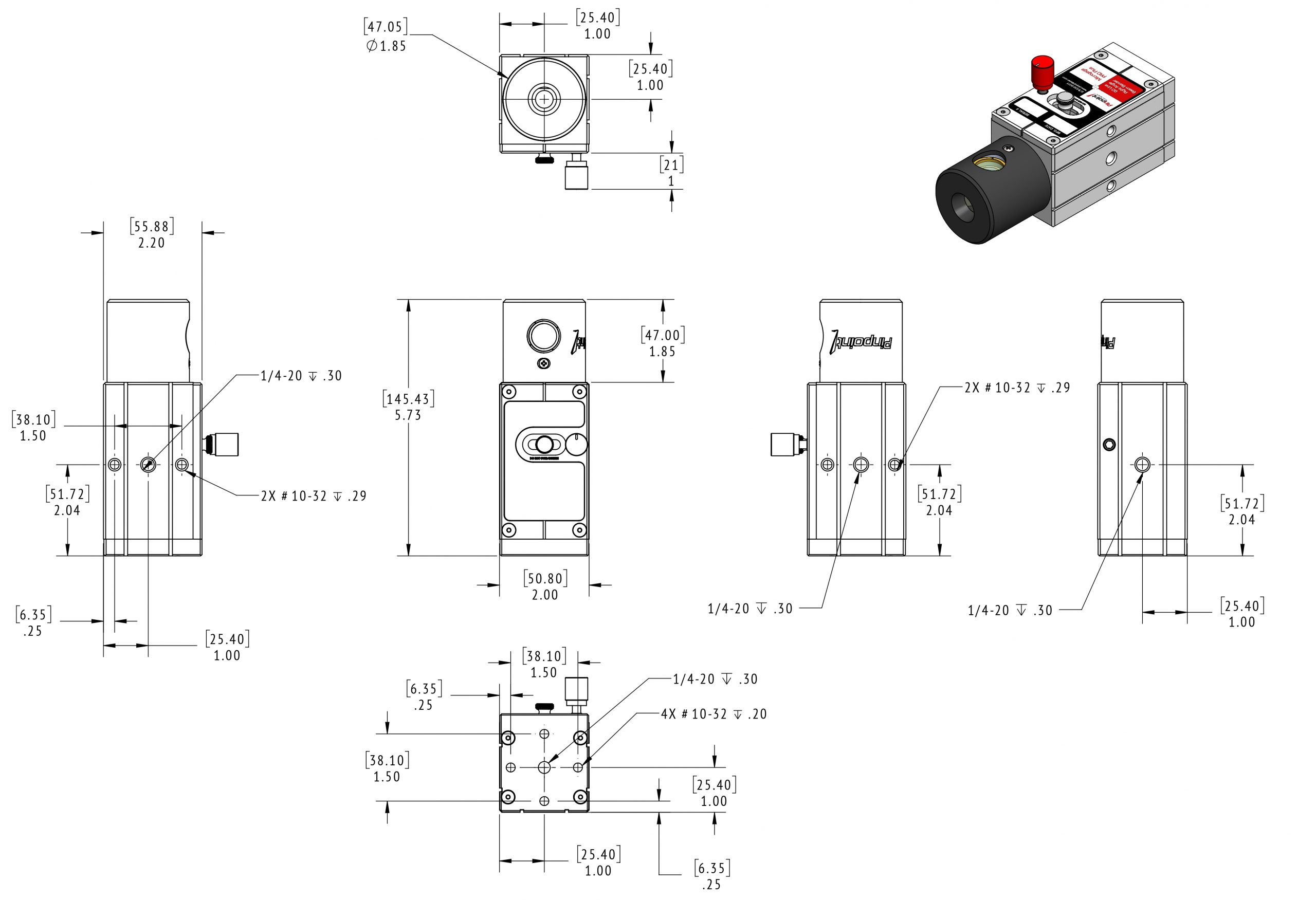 Technical drawing of a compact pneumatic actuator with multiple orthographic views and detailed dimensions.