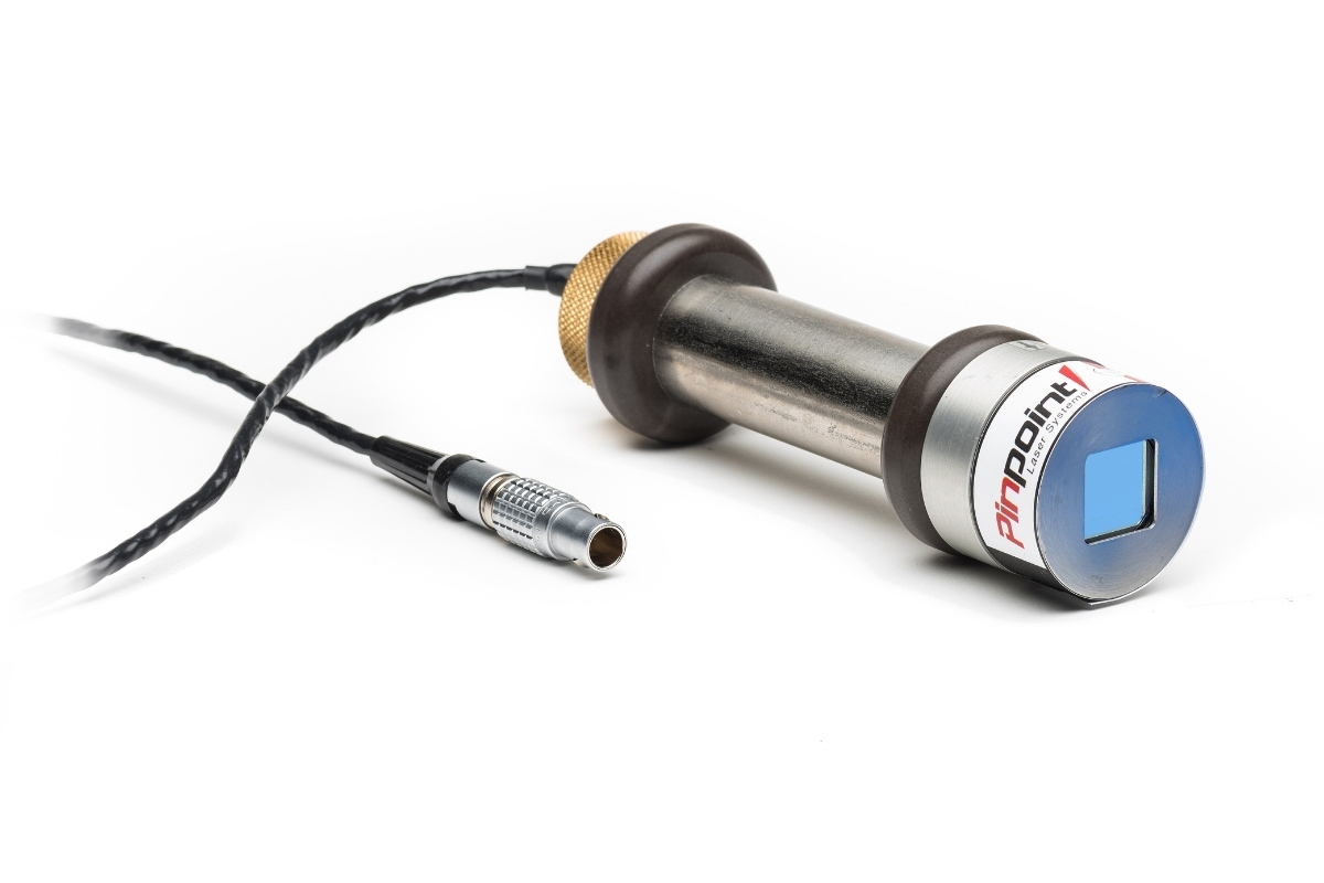 Microgage Bore Receiver Small Disks Laser sensor probe with blue square optical window and attached braided cable (Pinpoint Laser Systems).
