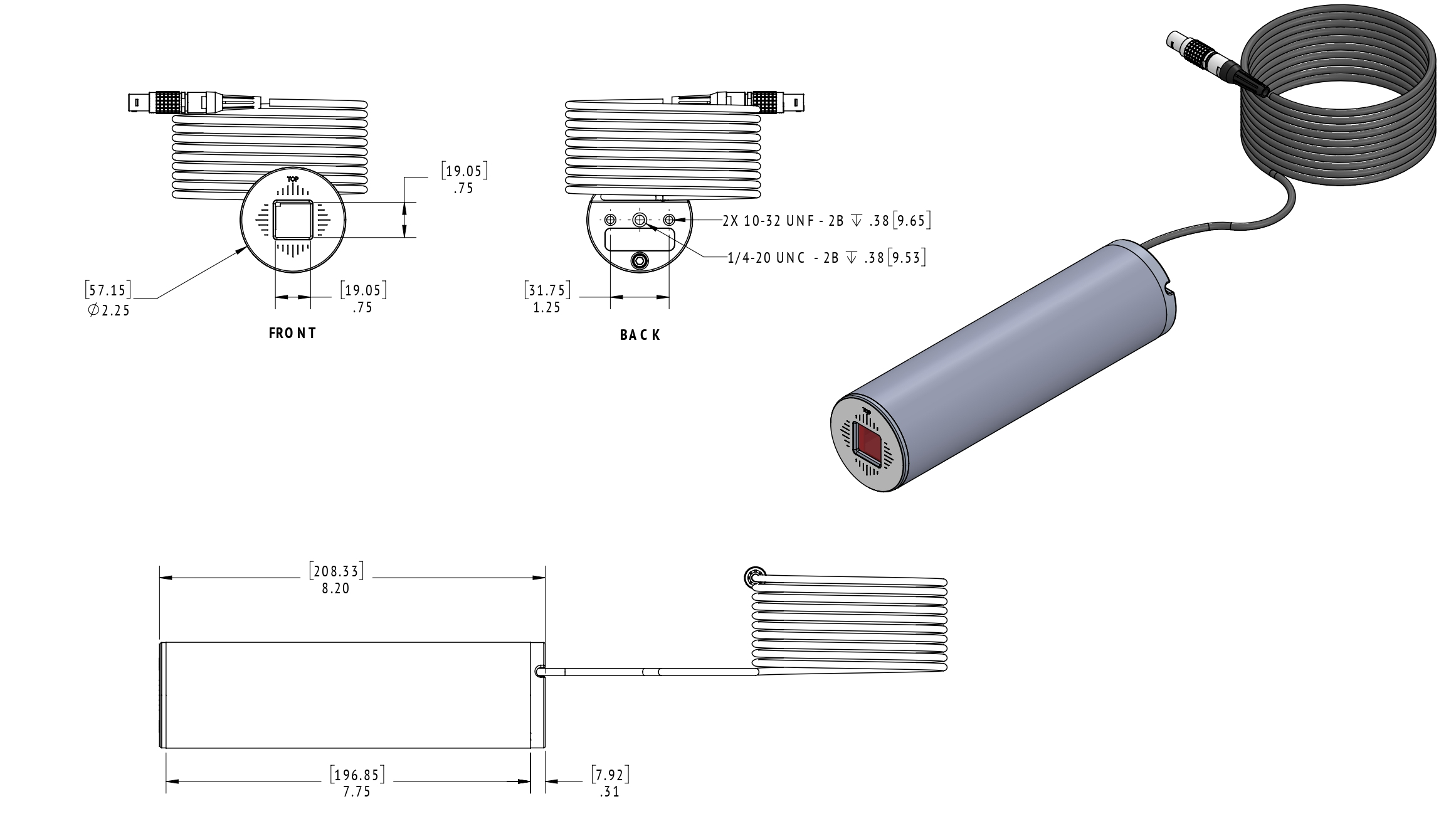 Technical drawing of a tightly wound coiled cable with connectors, shown from front and back with dimension callouts and a cylindrical housing on the right.