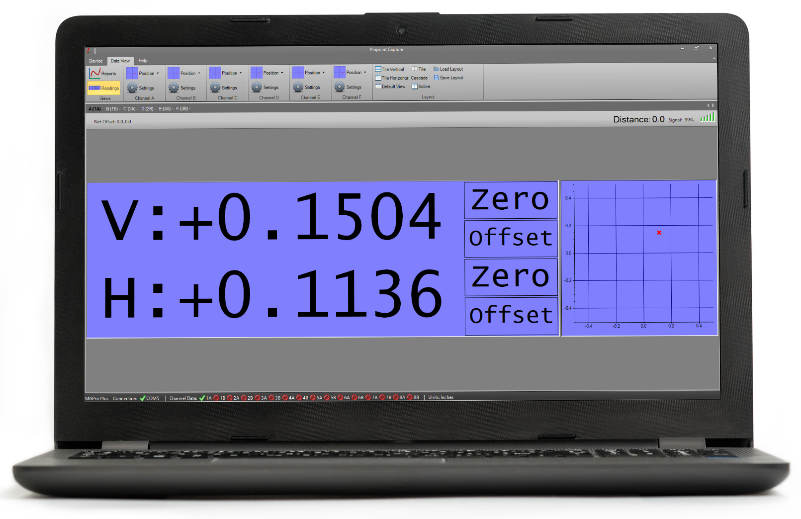 Laptop running Pinpoint Capture showing live vertical and horizontal readings and a beam position plot