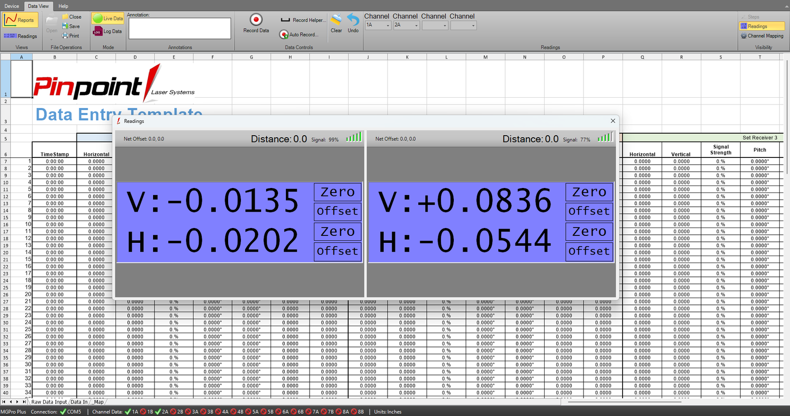 Pinpoint Capture detached readings window showing two receivers side by side