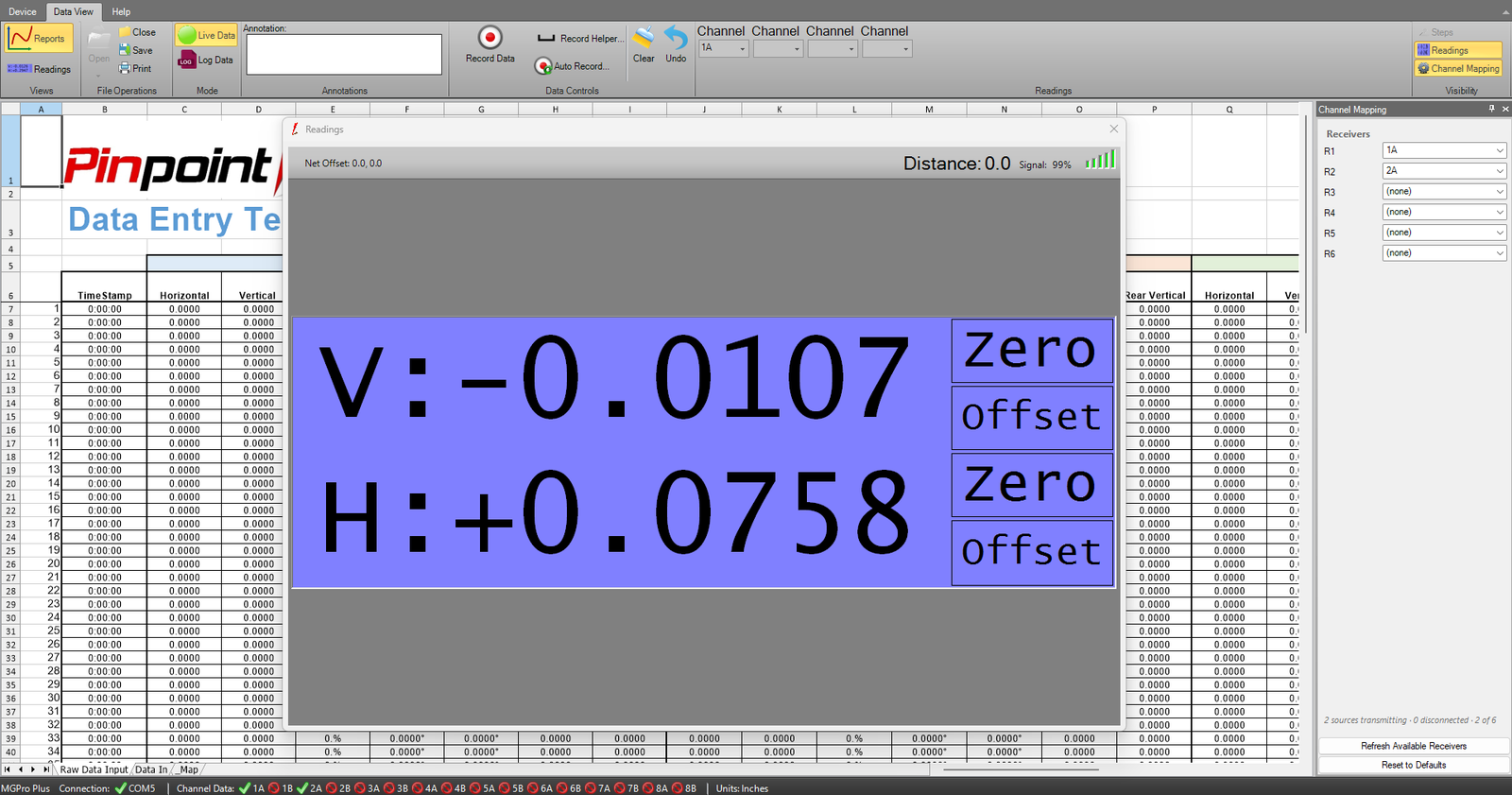 Pinpoint Capture detached readings window showing one receiver