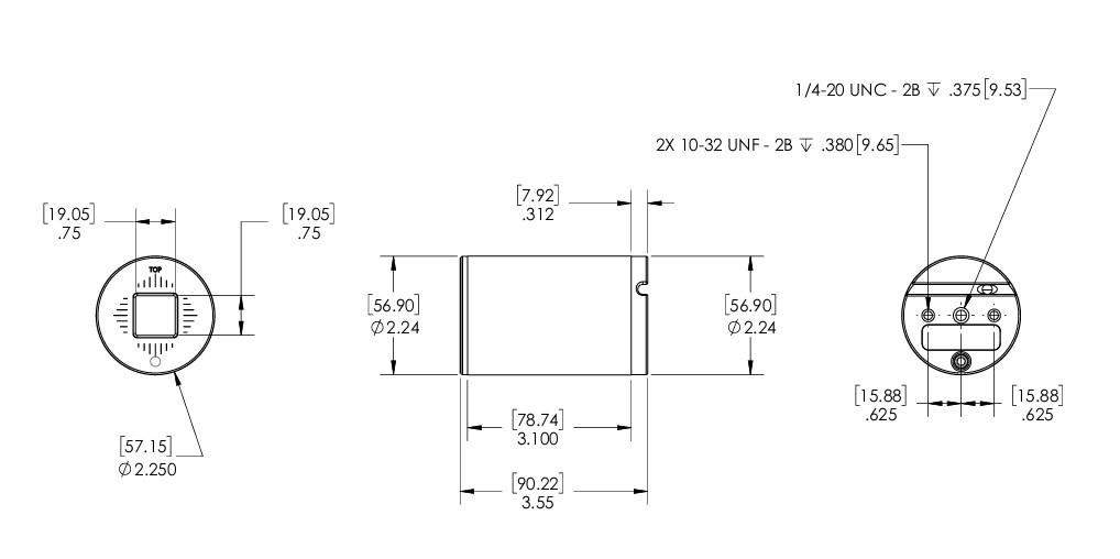 cylindrical-2-Axis-Drawing Orthographic drawings of a cylindrical component showing top, side, and bottom views with dimension callouts (length ~3.55 in, body diameter ~2.24 in) and mounting features